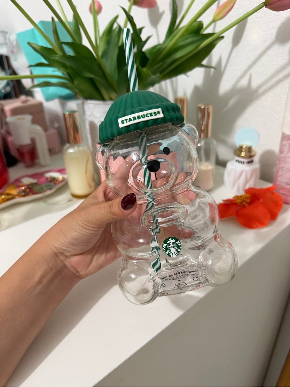 Starbucks Clear Bear Tumbler with Green Beanie and Green-White Straw